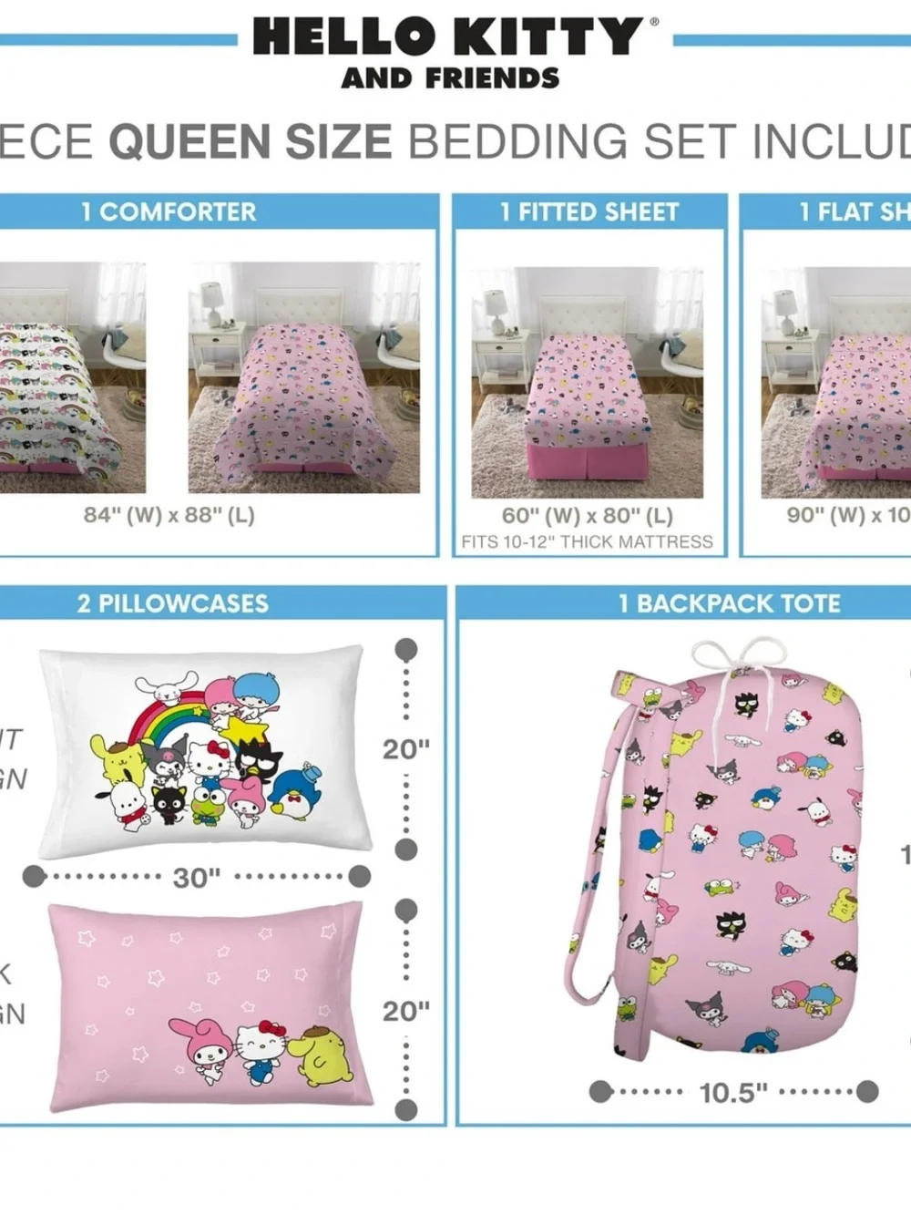 Hello Kitty Pink Rainbow Character Comforter Set